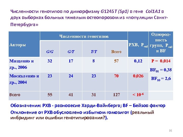 Численности генотипов по диморфизму G 1245 T (Sp 1) в гене Col 1 A