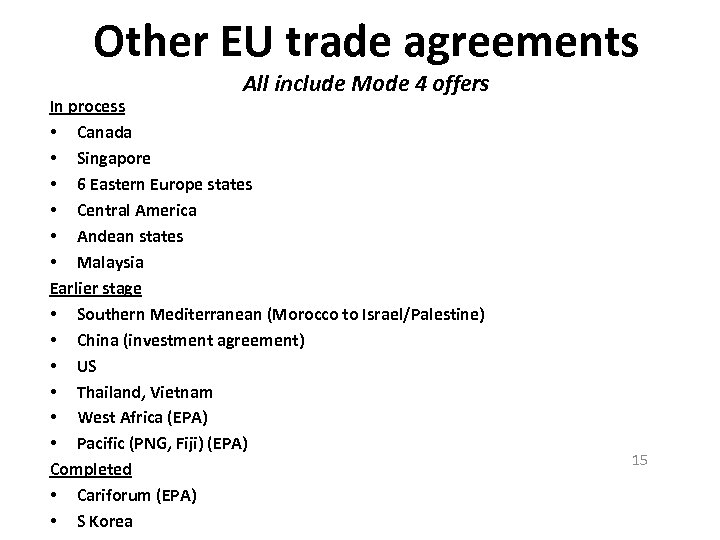 Other EU trade agreements All include Mode 4 offers In process • Canada •