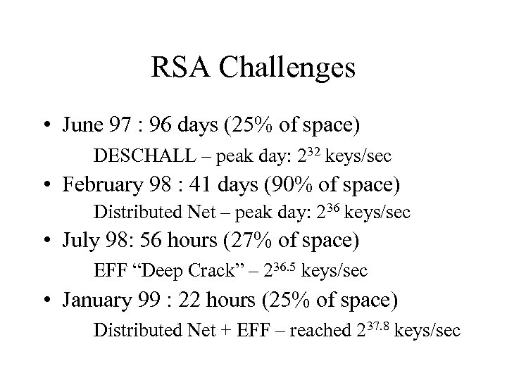RSA Challenges • June 97 : 96 days (25% of space) DESCHALL – peak