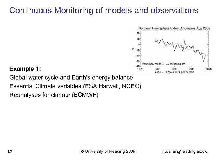 Continuous Monitoring of models and observations Example 1: Global water cycle and Earth’s energy