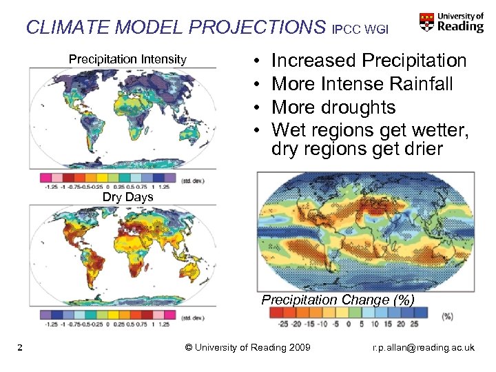 CLIMATE MODEL PROJECTIONS IPCC WGI Precipitation Intensity • • Increased Precipitation More Intense Rainfall