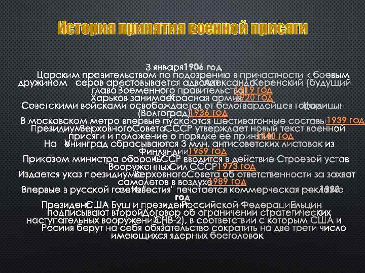 История принятия военной присяги 3 ЯНВАРЯ 1906 ГОД ЦАРСКИМ ПРАВИТЕЛЬСТВОМ ПО ПОДОЗРЕНИЮ В ПРИЧАСТНОСТИ