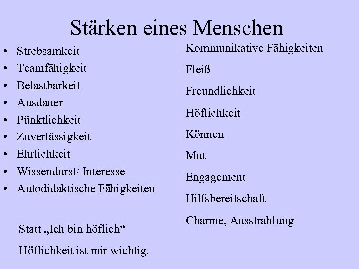 Stärken eines Menschen • • • Strebsamkeit Teamfähigkeit Belastbarkeit Ausdauer Pünktlichkeit Zuverlässigkeit Ehrlichkeit Wissendurst/