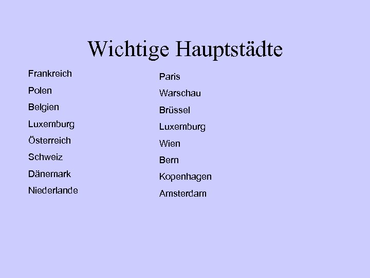 Wichtige Hauptstädte Frankreich Paris Polen Warschau Belgien Brüssel Luxemburg Österreich Wien Schweiz Bern Dänemark