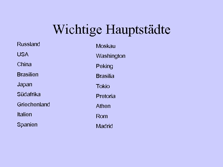Wichtige Hauptstädte Russland Moskau USA Washington China Peking Brasilien Brasilia Japan Tokio Südafrika Pretoria