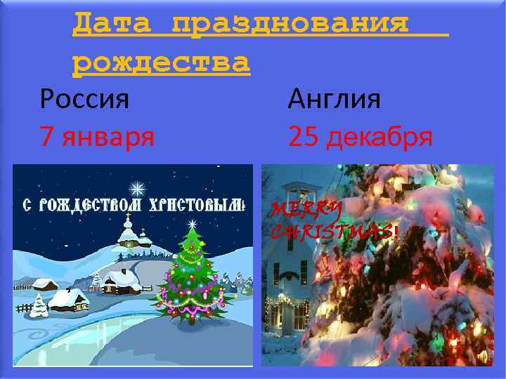 Дата празднования рождества Россия Англия 7 января 25 декабря MERRY CHRISTMAS! 