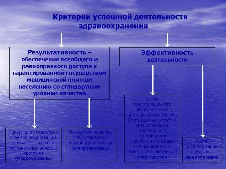 Критерии успешной деятельности здравоохранения Результативность – обеспечение всеобщего и равноправного доступа к гарантированной государством