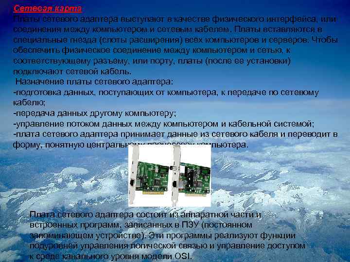 Сетевая карта Платы сетевого адаптера выступают в качестве физического интерфейса, или соединения между компьютером