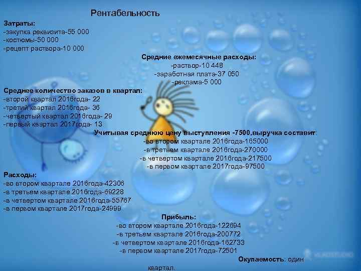 Рентабельность Затраты: -закупка реквизита-55 000 -костюмы-50 000 -рецепт раствора-10 000 Средние ежемесячные расходы: -раствор-10