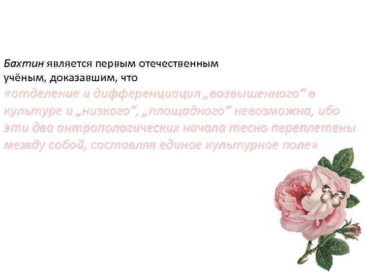 Бахтин является первым отечественным учёным, доказавшим, что «отделение и дифференциация „возвышенного“ в культуре и