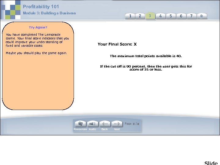Profitability 101 Module 3: Building a Business 3 3 Try Again? You have completed