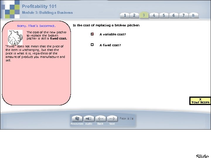 Profitability 101 Module 3: Building a Business Sorry. That’s Incorrect. The cost of the