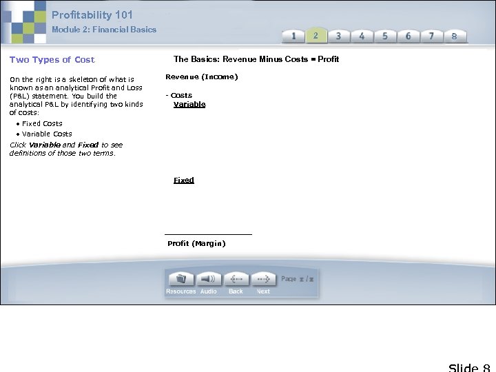 Profitability 101 Module 2: Financial Basics Two Types of Cost On the right is