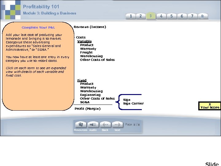 Profitability 101 Module 3: Building a Business Complete Your P&L Add your last cost