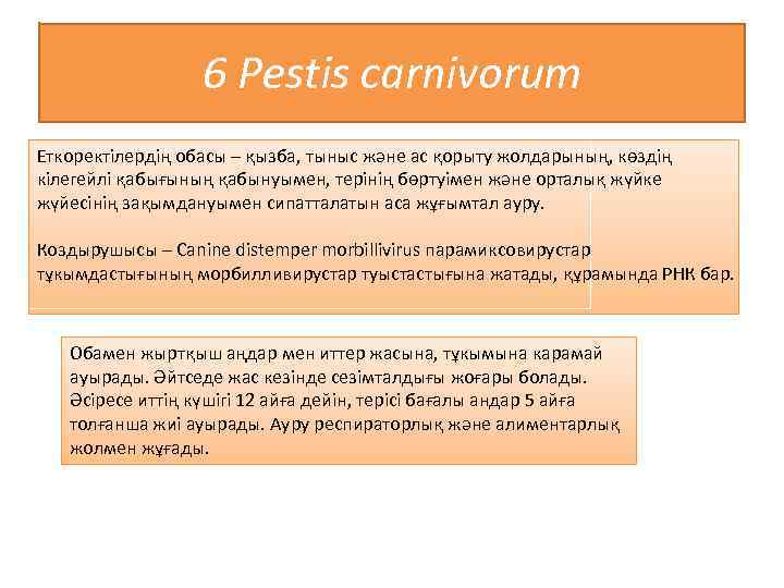 6 Pestis carnivorum Еткоректілердің обасы – қызба, тыныс және ас қорыту жолдарының, көздің кілегейлі