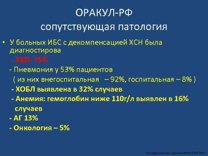 ОРАКУЛ‐РФ сопутствующая патология • У больных ИБС с декомпенсацией ХСН была диагностирова - ХБП-