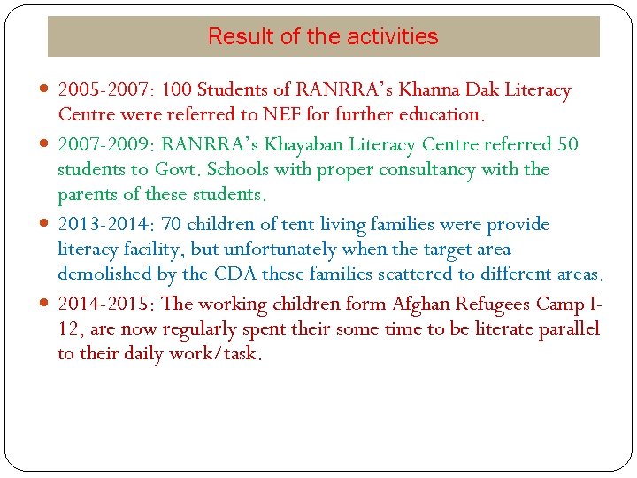 Result of the activities 2005 -2007: 100 Students of RANRRA’s Khanna Dak Literacy Centre