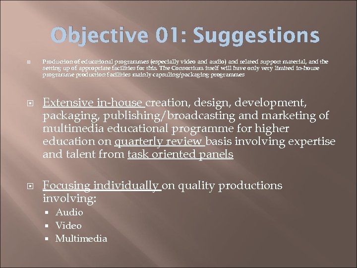 Objective 01: Suggestions Production of educational programmes (especially video and audio) and related support