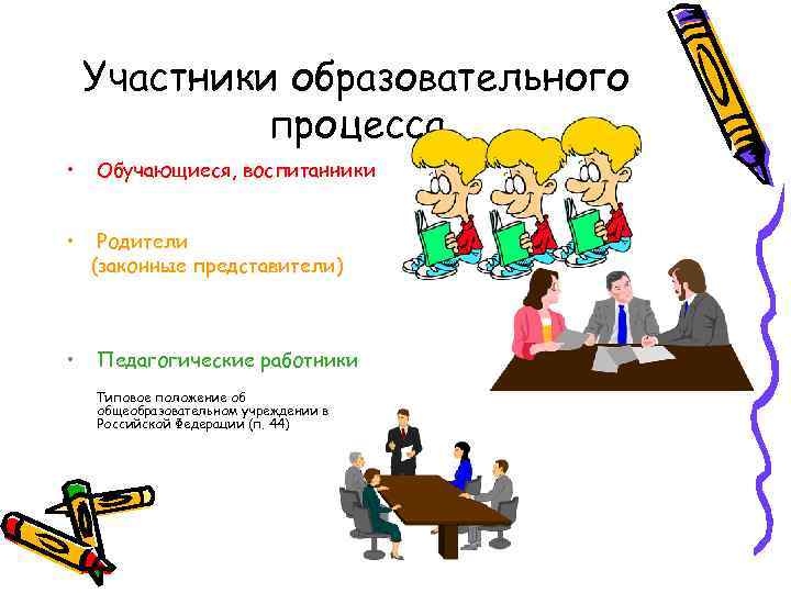 Участники образовательного процесса • • • Обучающиеся, воспитанники Родители (законные представители) Педагогические работники Типовое