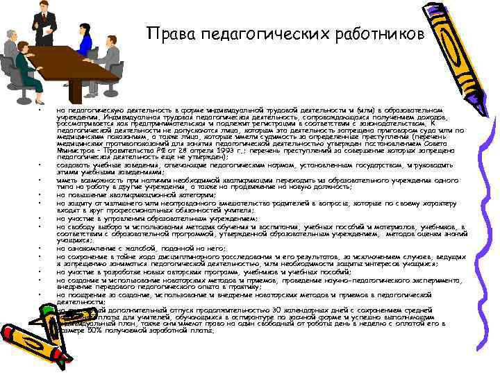 Права педагогических работников • • • • на педагогическую деятельность в форме индивидуальной трудовой