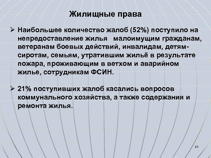 Жилищные права Ø Наибольшее количество жалоб (52%) поступило на непредоставление жилья малоимущим гражданам, ветеранам