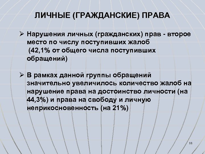 ЛИЧНЫЕ (ГРАЖДАНСКИЕ) ПРАВА Ø Нарушения личных (гражданских) прав - второе место по числу поступивших