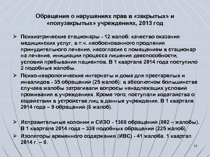 Обращения о нарушениях прав в «закрытых» и «полузакрытых» учреждениях, 2013 год Ø Психиатрические стационары