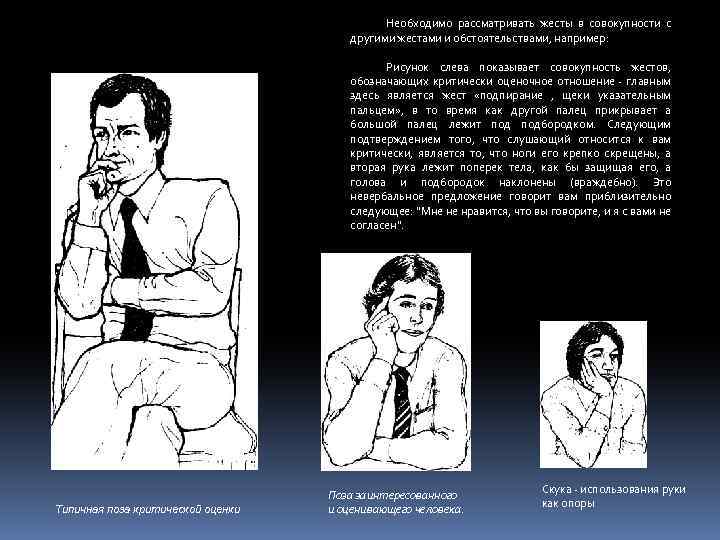 Необходимо рассматривать жесты в совокупности с другими жестами и обстоятельствами, например: Рисунок слева показывает