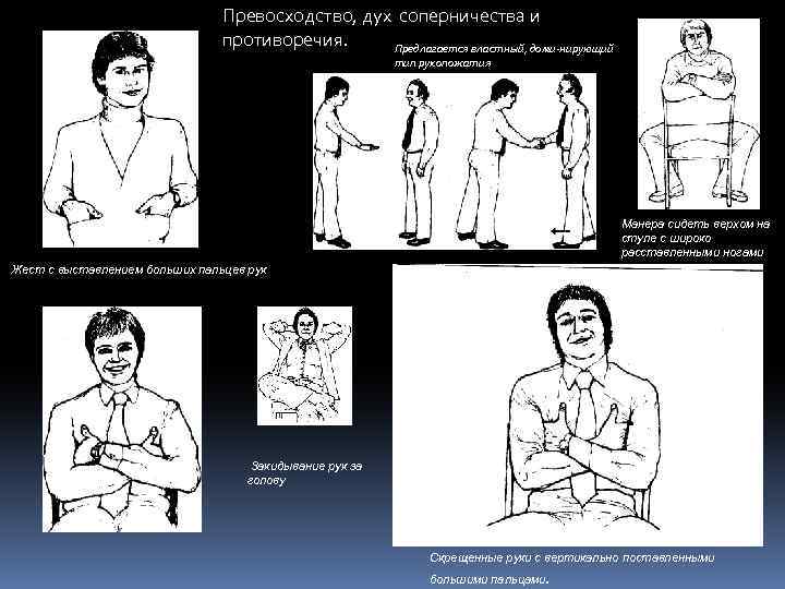 Превосходство, дух соперничества и противоречия. Предлагается властный, доми нирующий тип рукопожатия Манера сидеть верхом