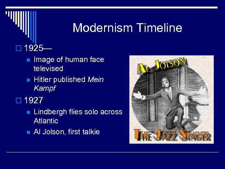 Modernism Timeline o 1925— n Image of human face televised n Hitler published Mein