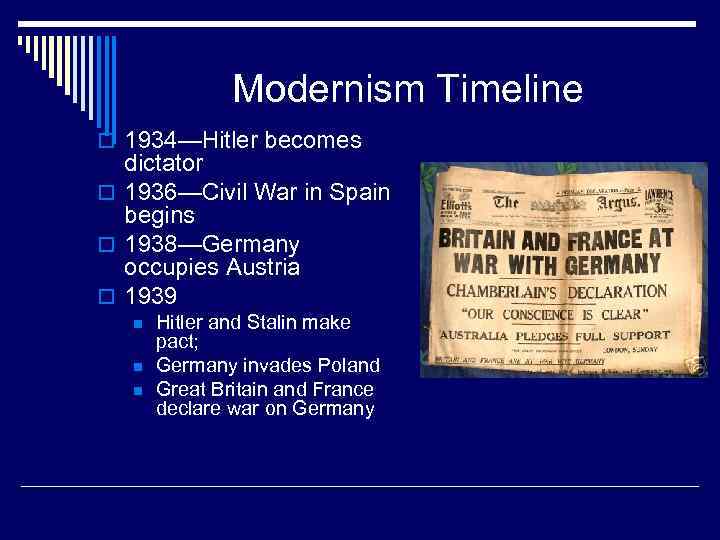 Modernism Timeline o 1934—Hitler becomes dictator o 1936—Civil War in Spain begins o 1938—Germany