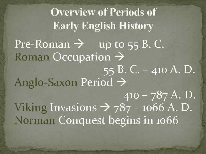 Overview of Periods of Early English History Pre-Roman up to 55 B. C. Roman