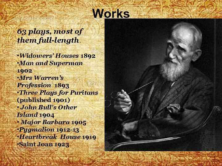 Works 63 plays, most of them full-length. • Widowers' Houses 1892 • Man and