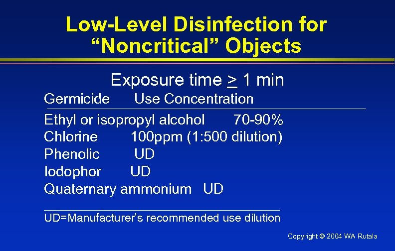 Low-Level Disinfection for “Noncritical” Objects Exposure time > 1 min Germicide Use Concentration Ethyl