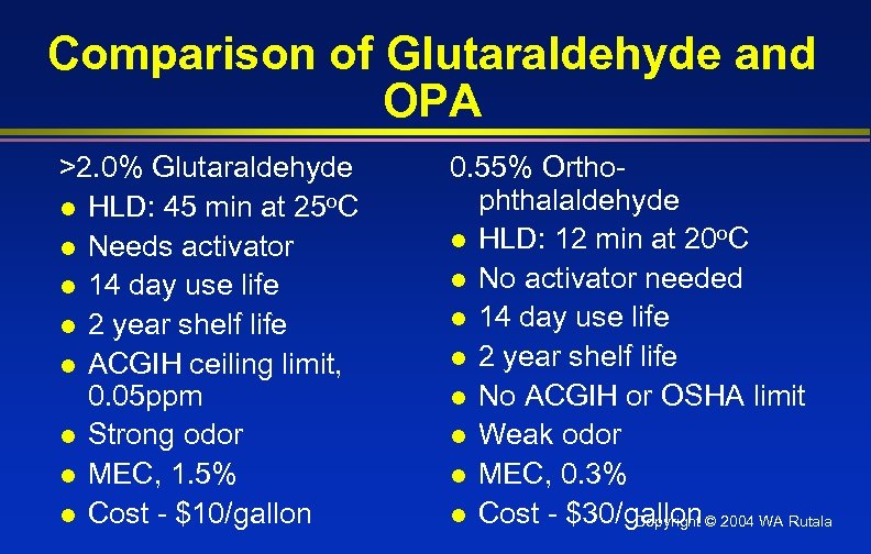 Comparison of Glutaraldehyde and OPA >2. 0% Glutaraldehyde l HLD: 45 min at 25