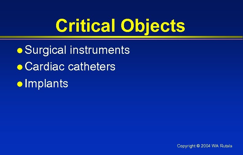 Critical Objects l Surgical instruments l Cardiac catheters l Implants Copyright © 2004 WA