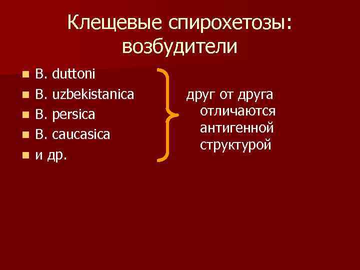 Клещевые спирохетозы: возбудители n n n B. duttoni B. uzbekistanica B. persica B. caucasica