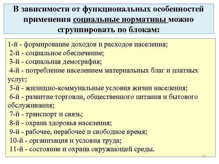 В зависимости от функциональных особенностей применения социальные нормативы можно сгруппировать по блокам: 1 -й