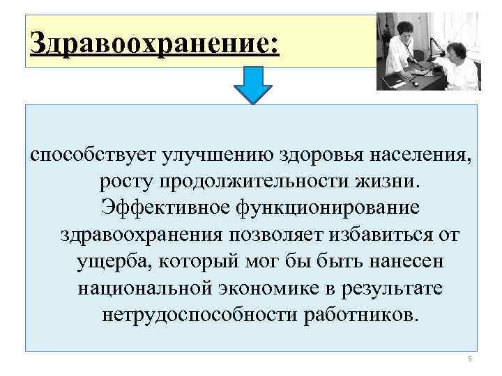 Здравоохранение: способствует улучшению здоровья населения, росту продолжительности жизни. Эффективное функционирование здравоохранения позволяет избавиться от