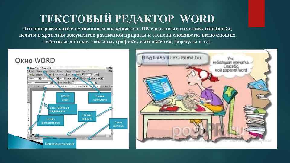 ТЕКСТОВЫЙ РЕДАКТОР WORD Это программа, обеспечивающая пользователя ПК средствами создания, обработки, печати и хранения