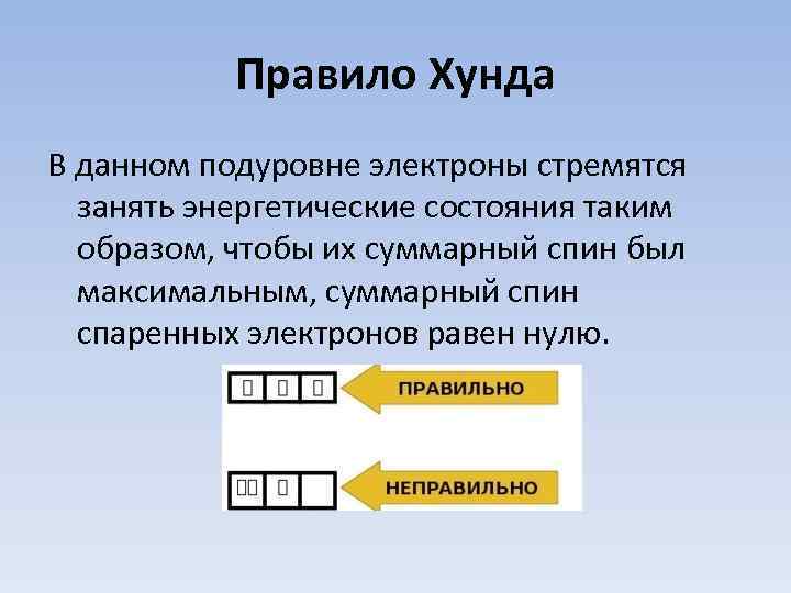 Правило Хунда В данном подуровне электроны стремятся занять энергетические состояния таким образом, чтобы их