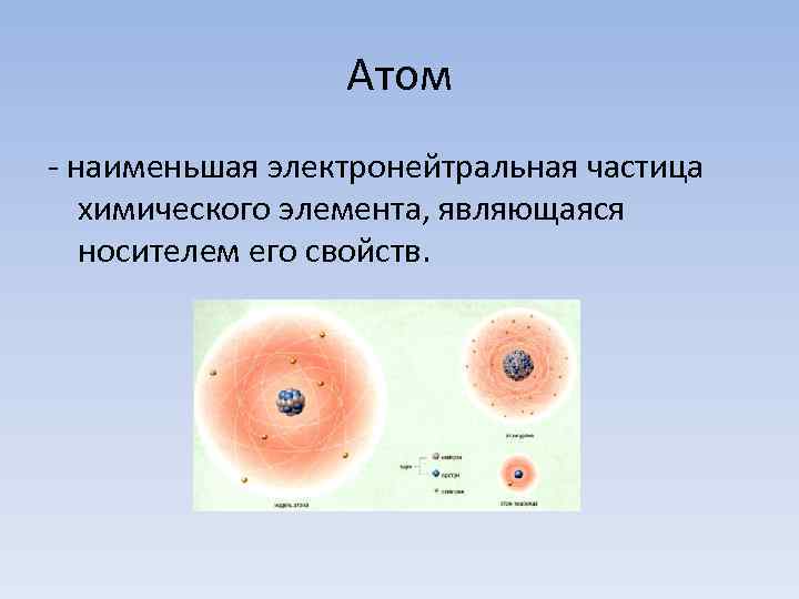 Атом - наименьшая электронейтральная частица химического элемента, являющаяся носителем его свойств. 