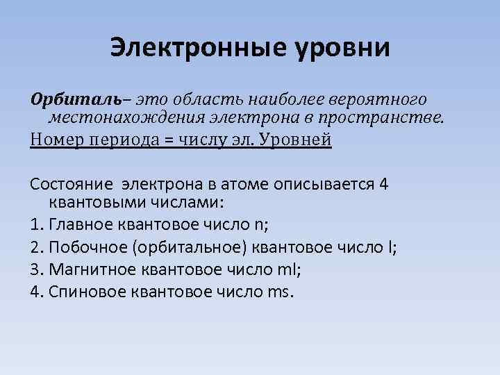 Электронные уровни Орбиталь– это область наиболее вероятного местонахождения электрона в пространстве. Номер периода =