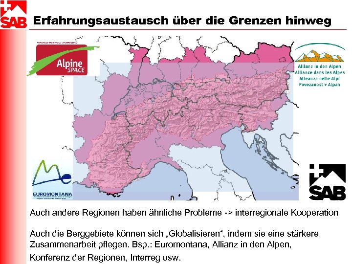 Erfahrungsaustausch über die Grenzen hinweg Auch andere Regionen haben ähnliche Probleme -> interregionale Kooperation