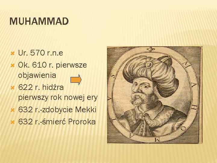MUHAMMAD Ur. 570 r. n. e Ok. 610 r. pierwsze objawienia 622 r. hidżra