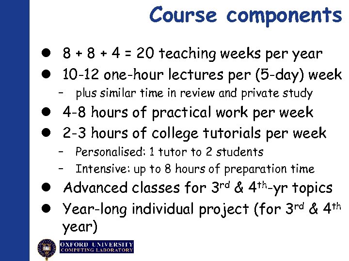 Course components 8 + 4 = 20 teaching weeks per year 10 -12 one-hour