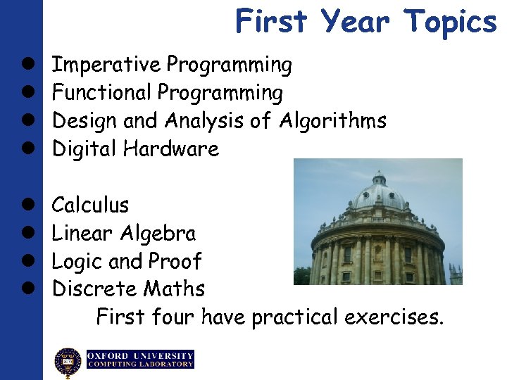 First Year Topics Imperative Programming Functional Programming Design and Analysis of Algorithms Digital Hardware