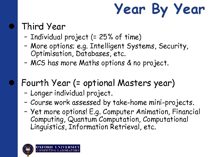 Year By Year Third Year – Individual project (= 25% of time) – More