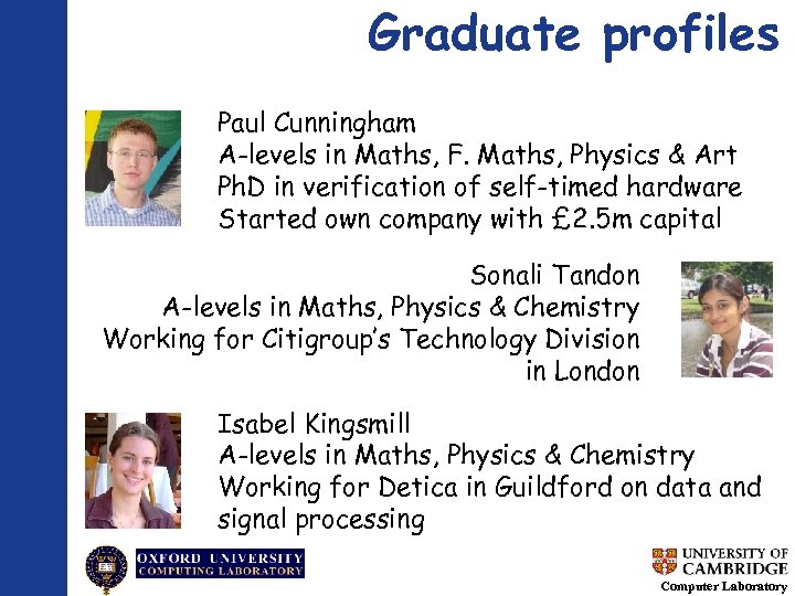 Graduate profiles Paul Cunningham A-levels in Maths, F. Maths, Physics & Art Ph. D