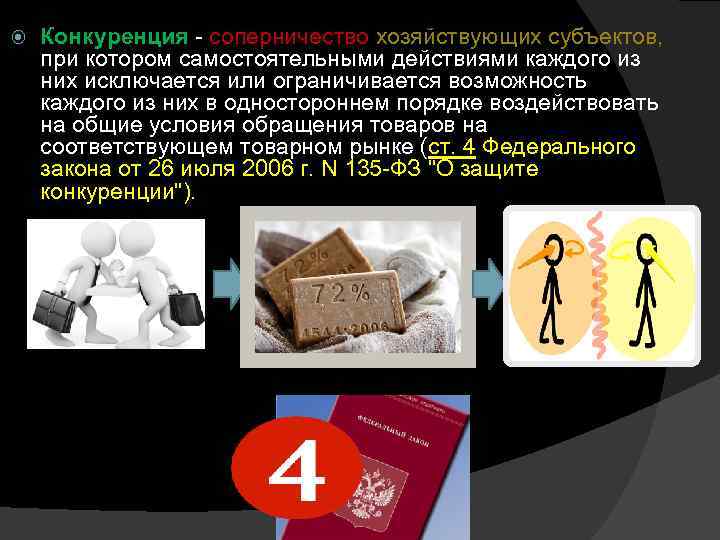  Конкуренция соперничество хозяйствующих субъектов, при котором самостоятельными действиями каждого из них исключается или